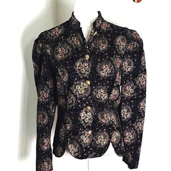 Another Thyme Jackets & Blazers - Another Thyme Vintage Black Velvet Jacket, Purple Roses & Dot Design, Sz Medium
